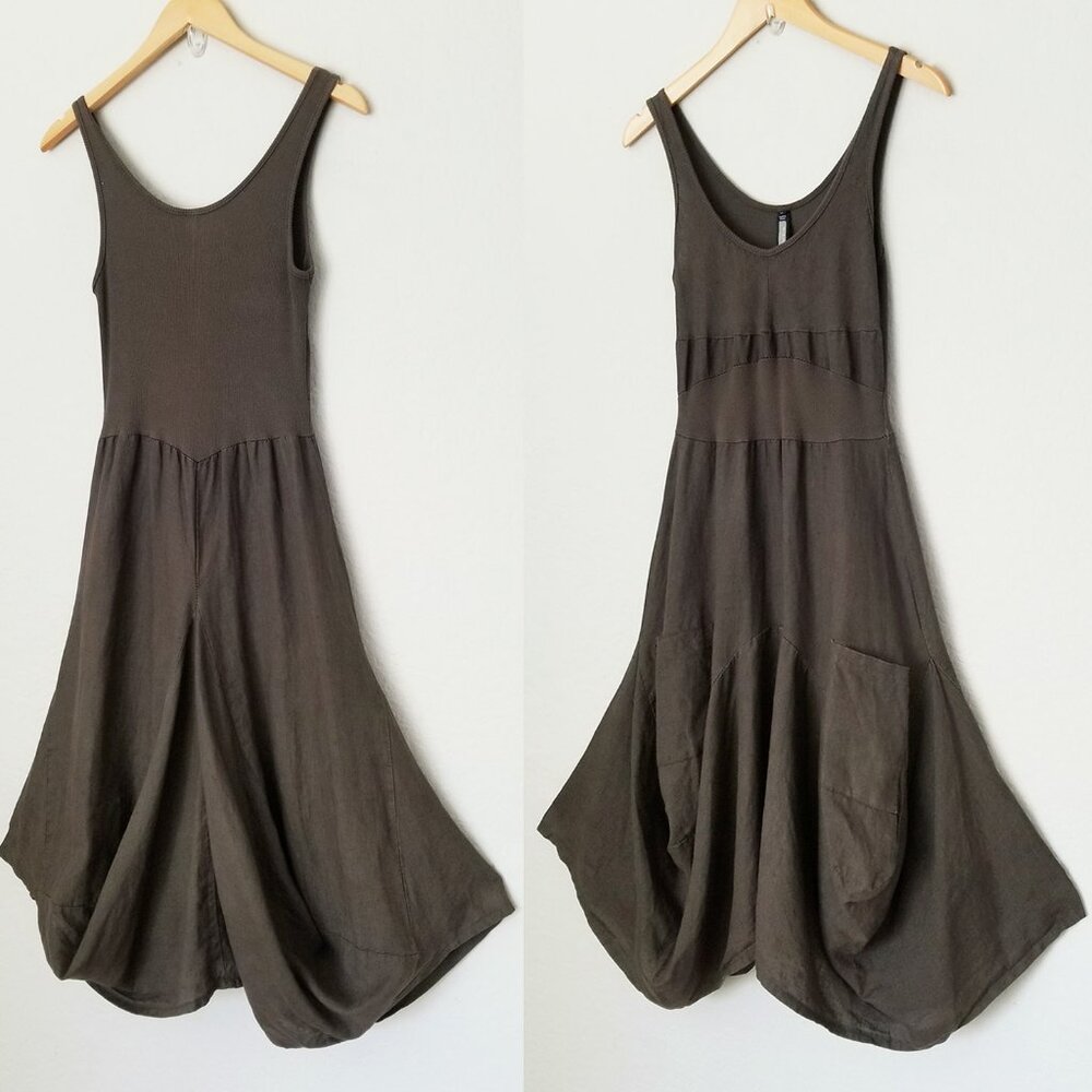 Inizio MAGIC 2 POCKET Sleeveless Linen Dress S Lagenlook Dark Olive Italy $150 - Picture 10 of 11